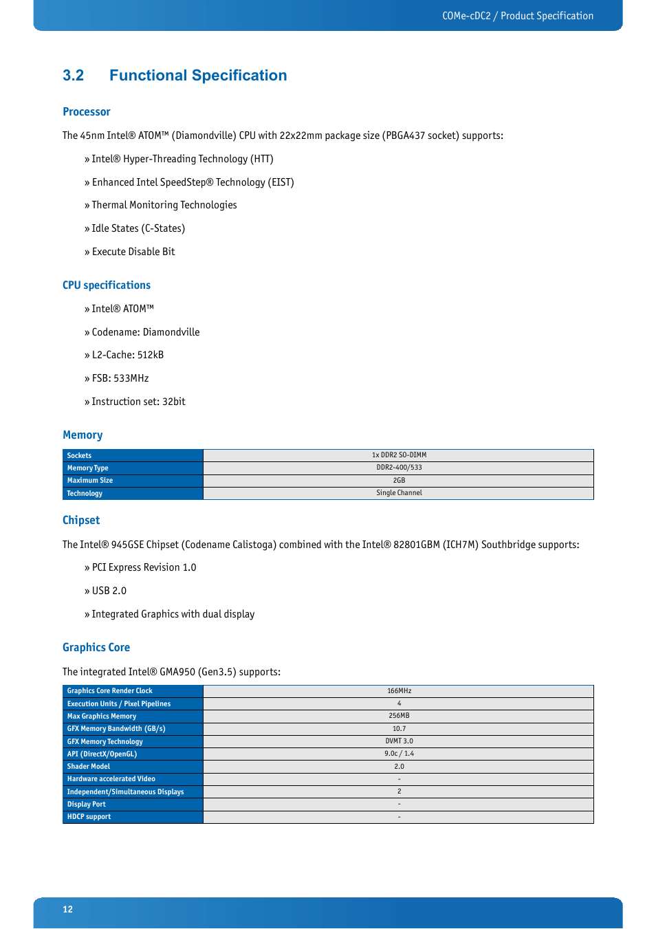 2 functional specification, Processor, Cpu specifications | Memory, Chipset, Graphics core, Functional specification | Kontron COMe-cDC2 User Manual | Page 12 / 97