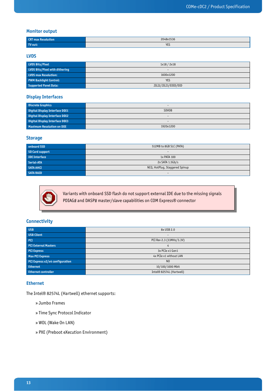 Monitor output, Lvds, Display interfaces | Storage, Connectivity, Ethernet, Come-cdc2 / product specification monitor output | Kontron COMe-cDC2 User Manual | Page 13 / 97