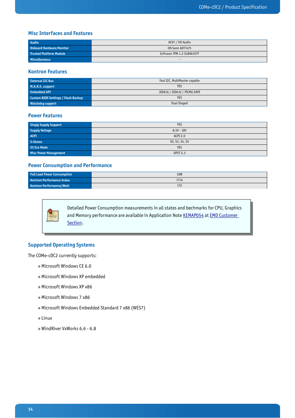 Misc interfaces and features, Kontron features, Power features | Power consumption and performance, Supported operating systems | Kontron COMe-cDC2 User Manual | Page 14 / 97