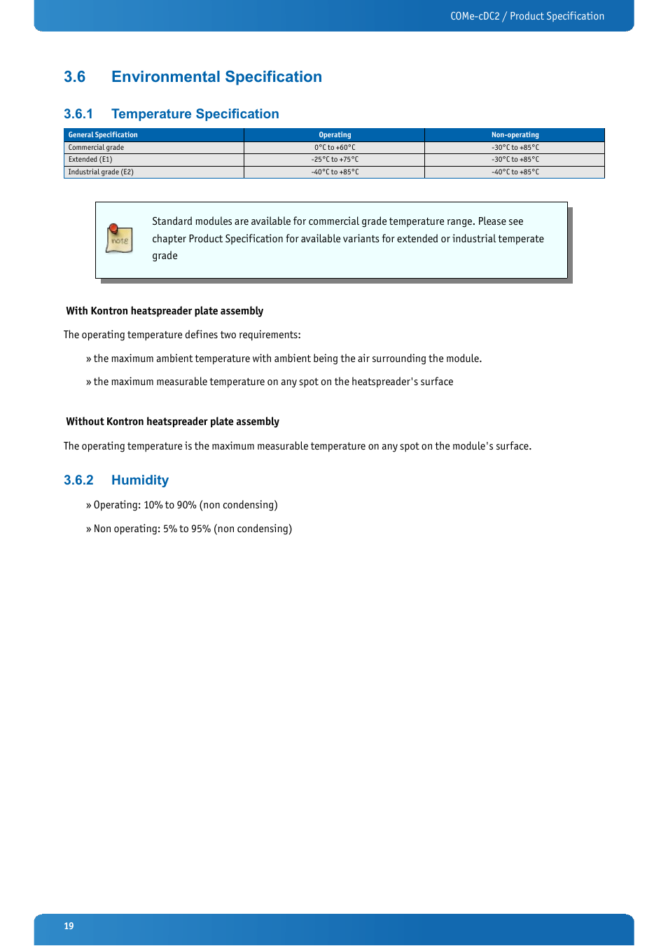 6 environmental specification, 1 temperature specification, 2 humidity | Environmental specification, Temperature specification, Humidity | Kontron COMe-cDC2 User Manual | Page 19 / 97