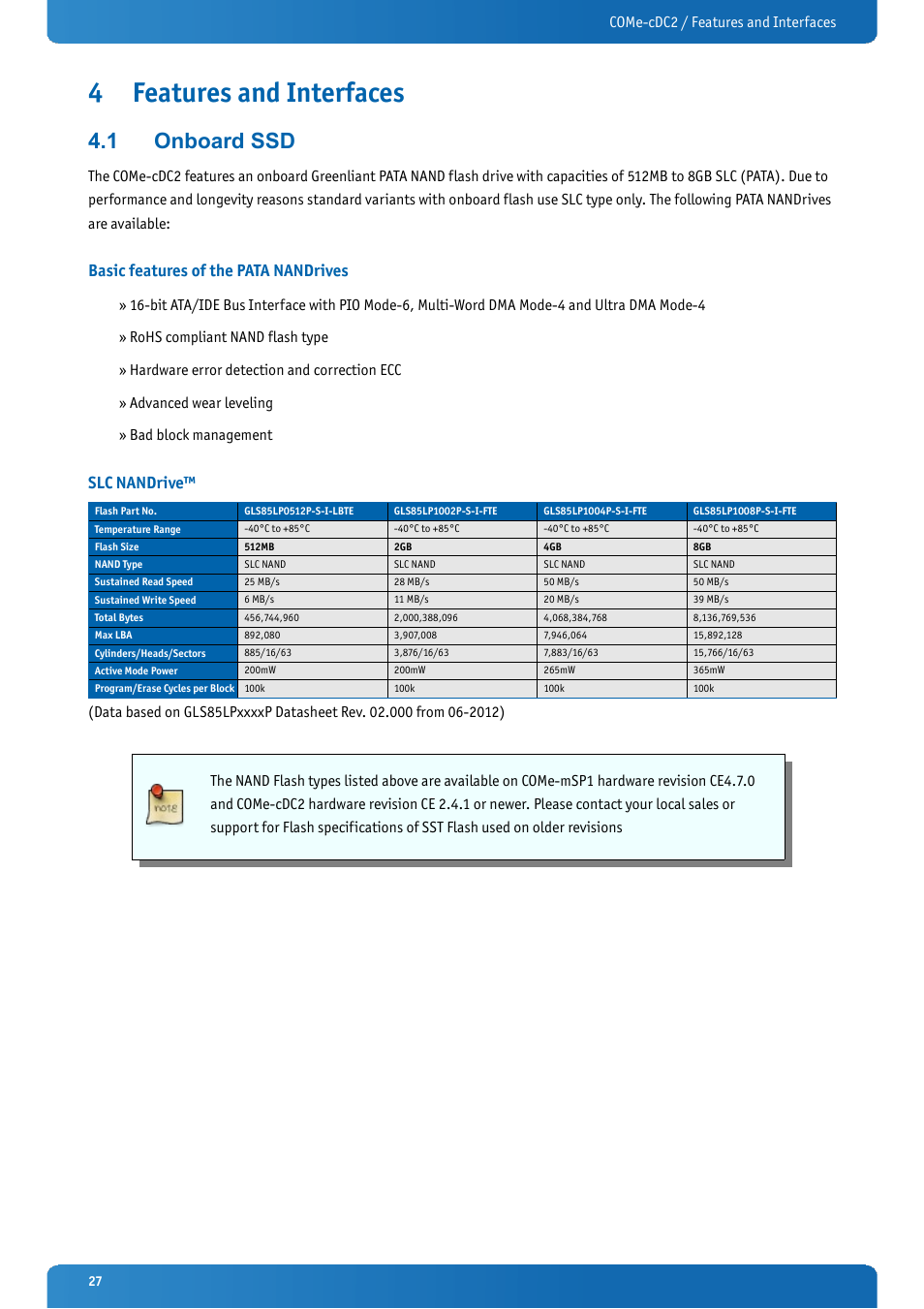 4 features and interfaces, 1 onboard ssd, Basic features of the pata nandrives | Slc nandrive, Features and interfaces, Onboard ssd, Come-cdc2 / features and interfaces | Kontron COMe-cDC2 User Manual | Page 27 / 97