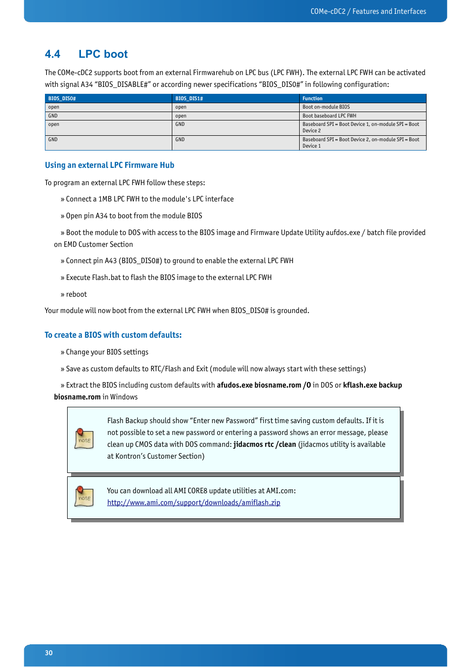 4 lpc boot, Using an external lpc firmware hub, To create a bios with custom defaults | Lpc boot | Kontron COMe-cDC2 User Manual | Page 30 / 97