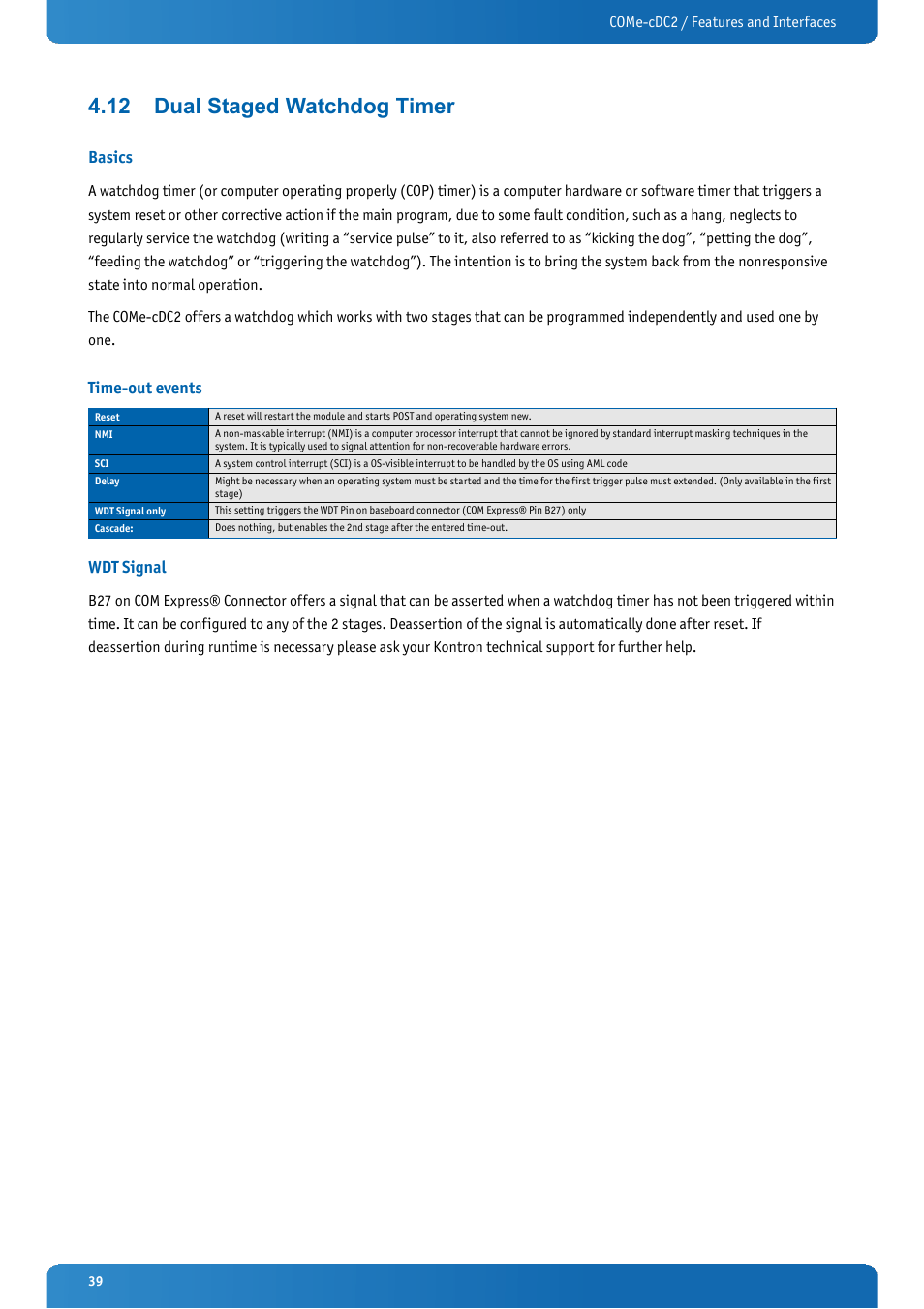 12 dual staged watchdog timer, Basics, Time-out events | Wdt signal, Dual staged watchdog timer | Kontron COMe-cDC2 User Manual | Page 39 / 97