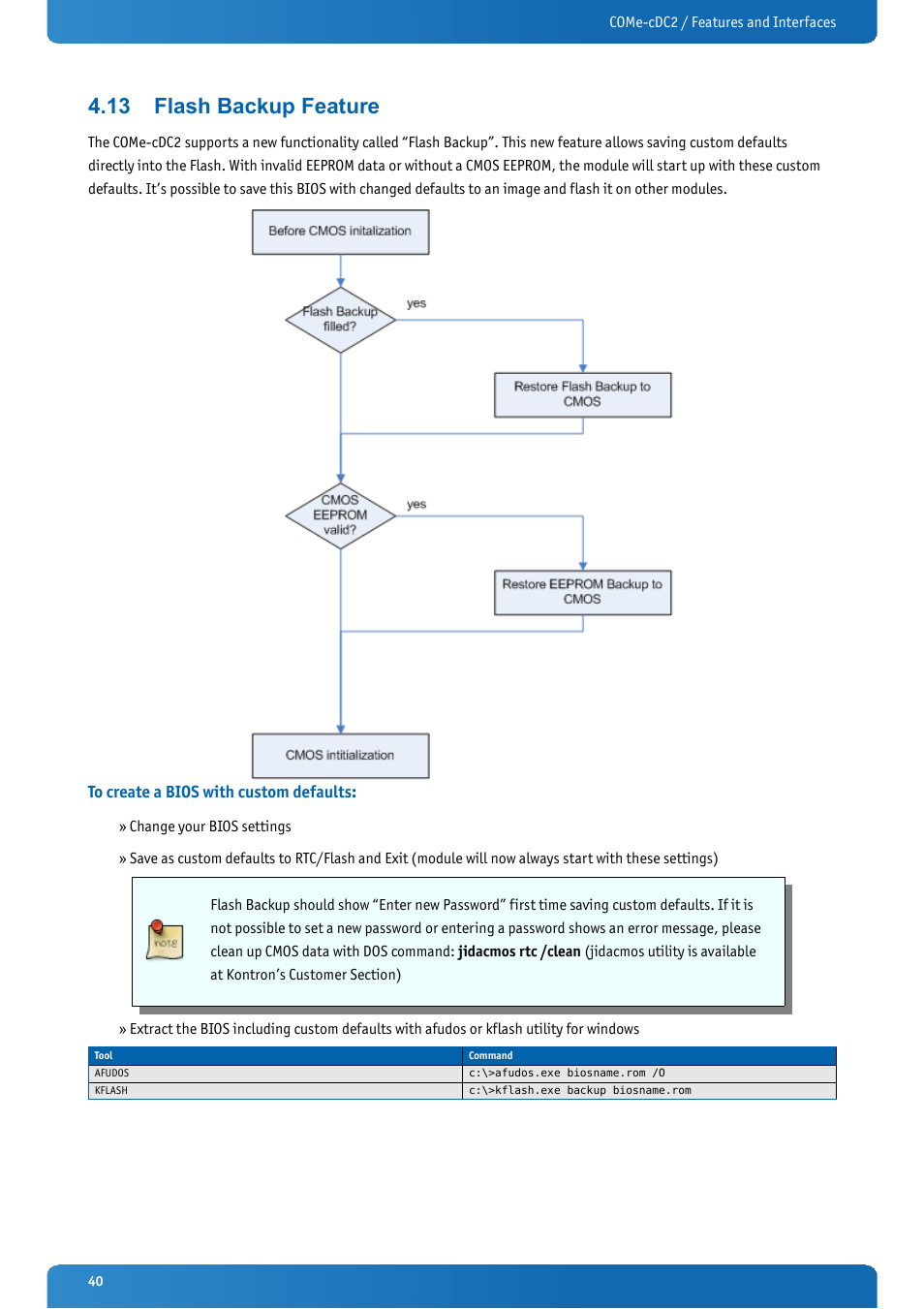 13 flash backup feature, To create a bios with custom defaults, Flash backup feature | Kontron COMe-cDC2 User Manual | Page 40 / 97