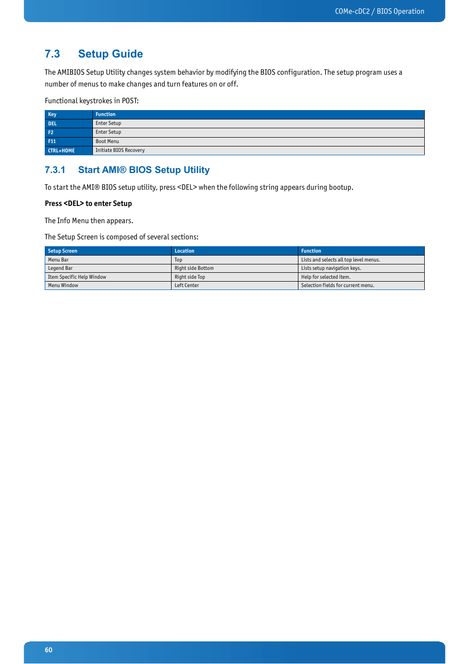 3 setup guide, 1 start ami® bios setup utility, Setup guide | Start ami® bios setup utility | Kontron COMe-cDC2 User Manual | Page 60 / 97