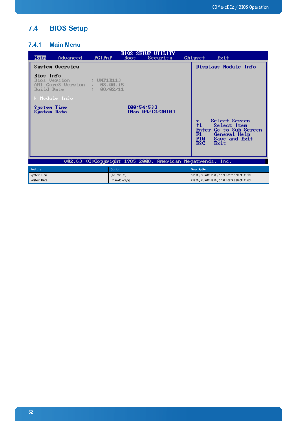 4 bios setup, 1 main menu, Bios setup | Main menu | Kontron COMe-cDC2 User Manual | Page 62 / 97