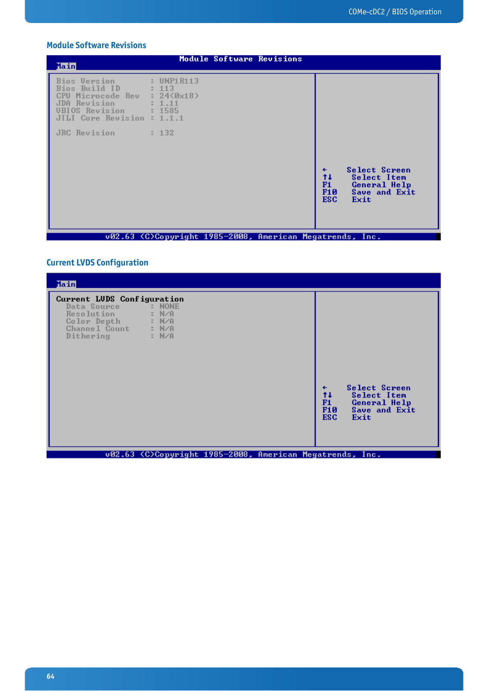 Module software revisions, Current lvds configuration | Kontron COMe-cDC2 User Manual | Page 64 / 97