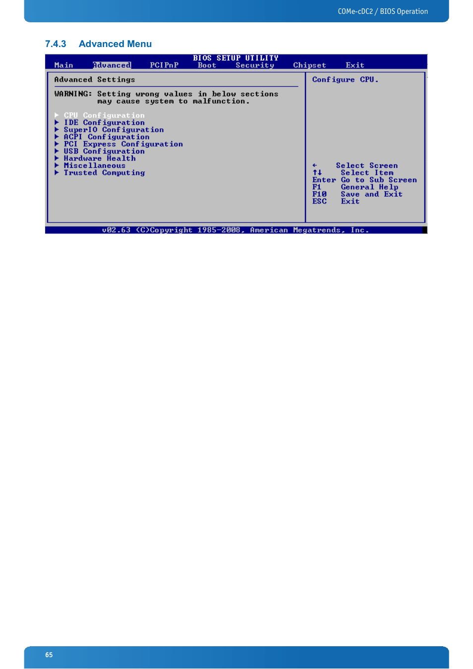 3 advanced menu, Advanced menu | Kontron COMe-cDC2 User Manual | Page 65 / 97