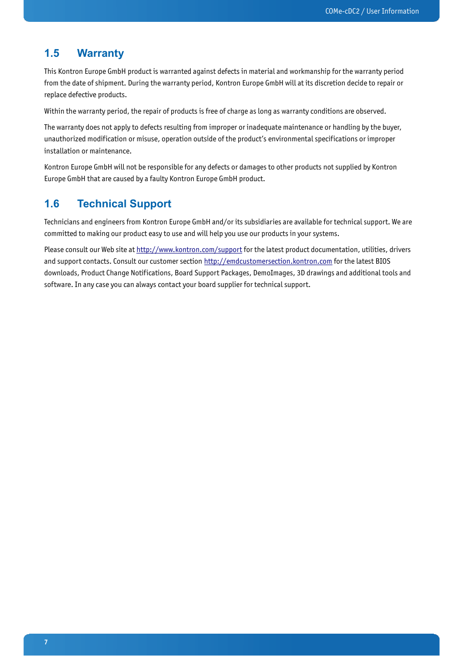 5 warranty, 6 technical support, Warranty | Technical support | Kontron COMe-cDC2 User Manual | Page 7 / 97