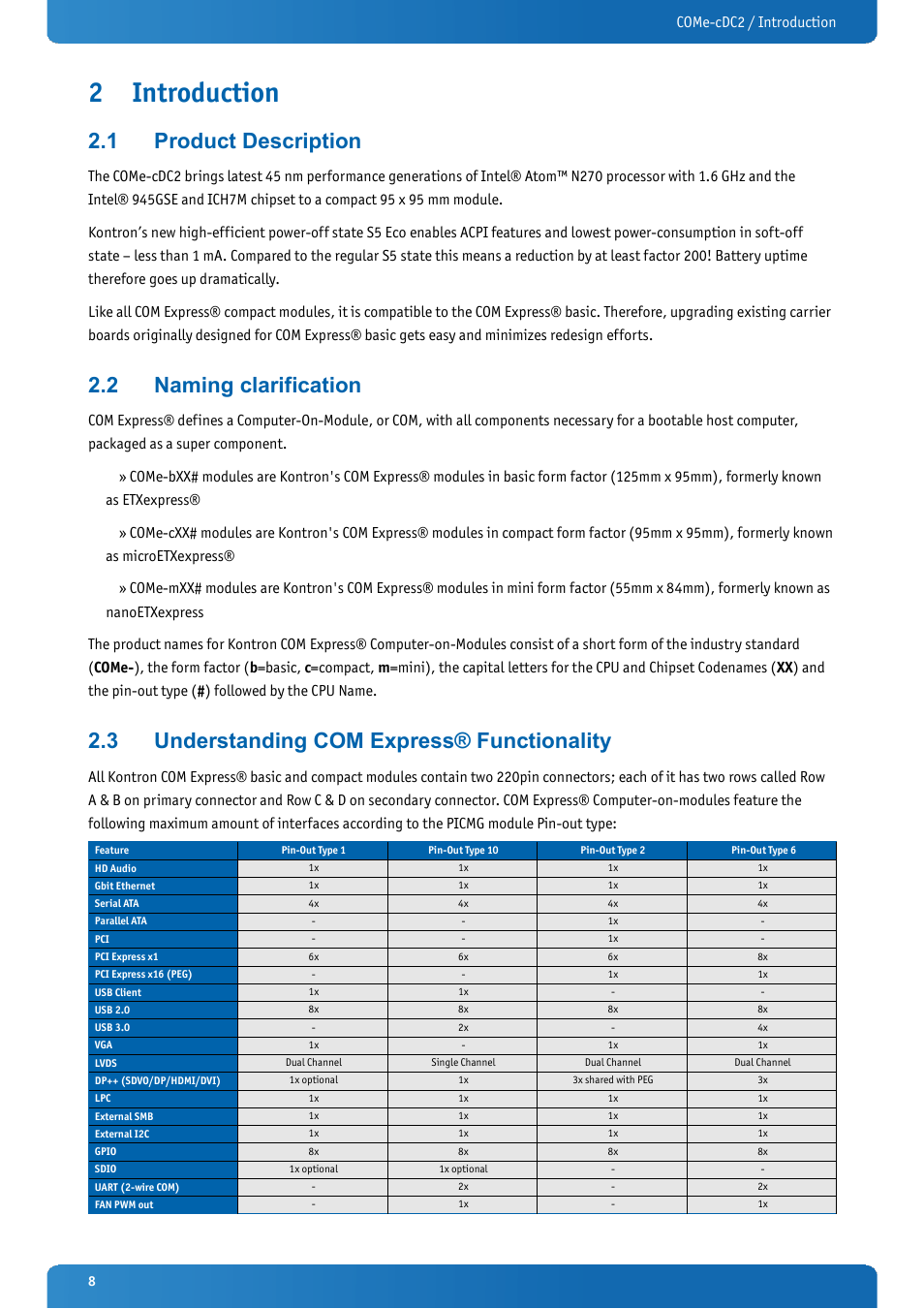 2 introduction, 1 product description, 2 naming clarification | 3 understanding com express® functionality, Introduction, Product description, Naming clarification, Understanding com express® functionality, Come-cdc2 / introduction | Kontron COMe-cDC2 User Manual | Page 8 / 97