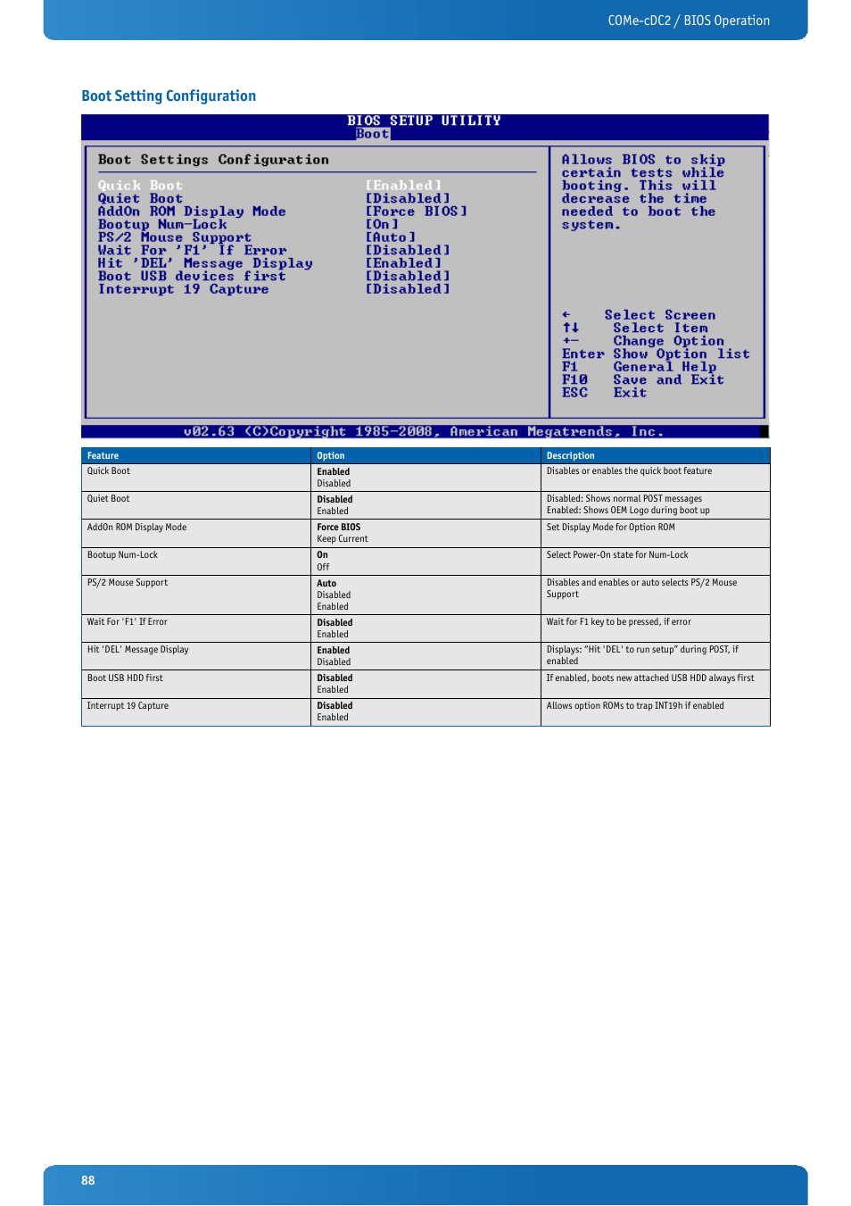 Boot setting configuration, Come-cdc2 / bios operation | Kontron COMe-cDC2 User Manual | Page 88 / 97