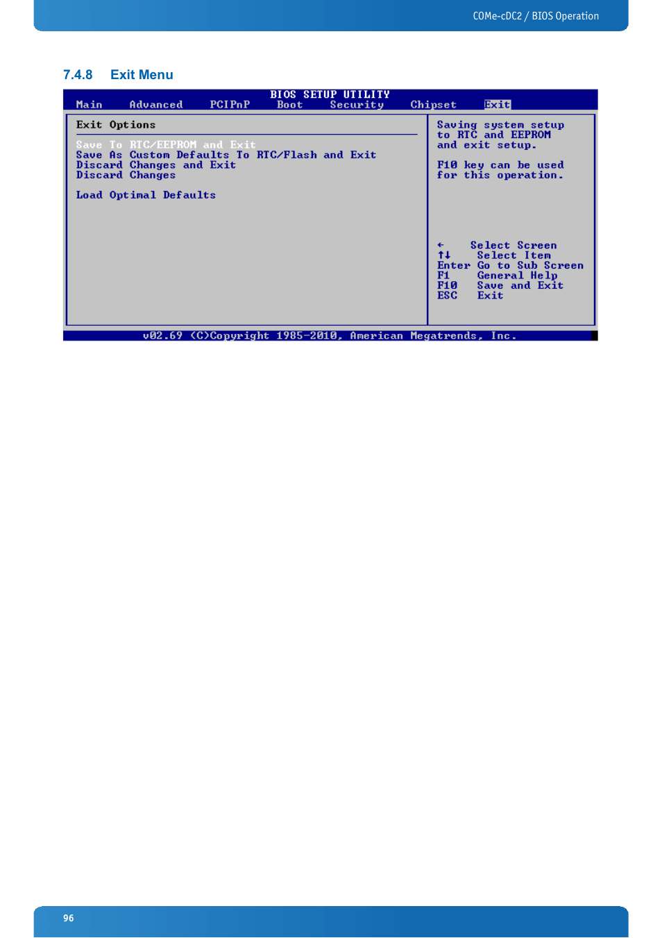 8 exit menu, Exit menu | Kontron COMe-cDC2 User Manual | Page 96 / 97