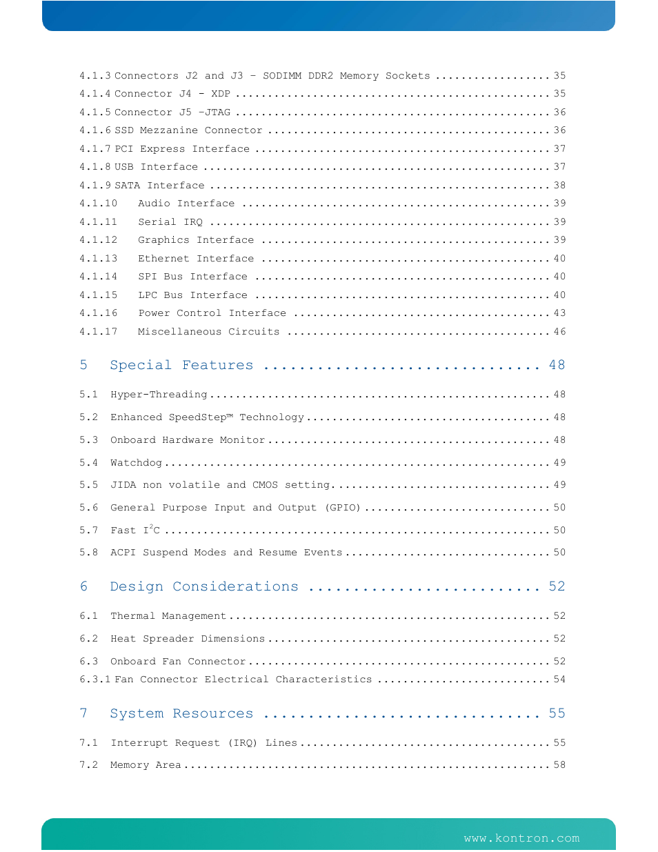 Special features, Design considerations, System resources | Kontron COMe-cPV2(v1.4) User Manual | Page 3 / 123