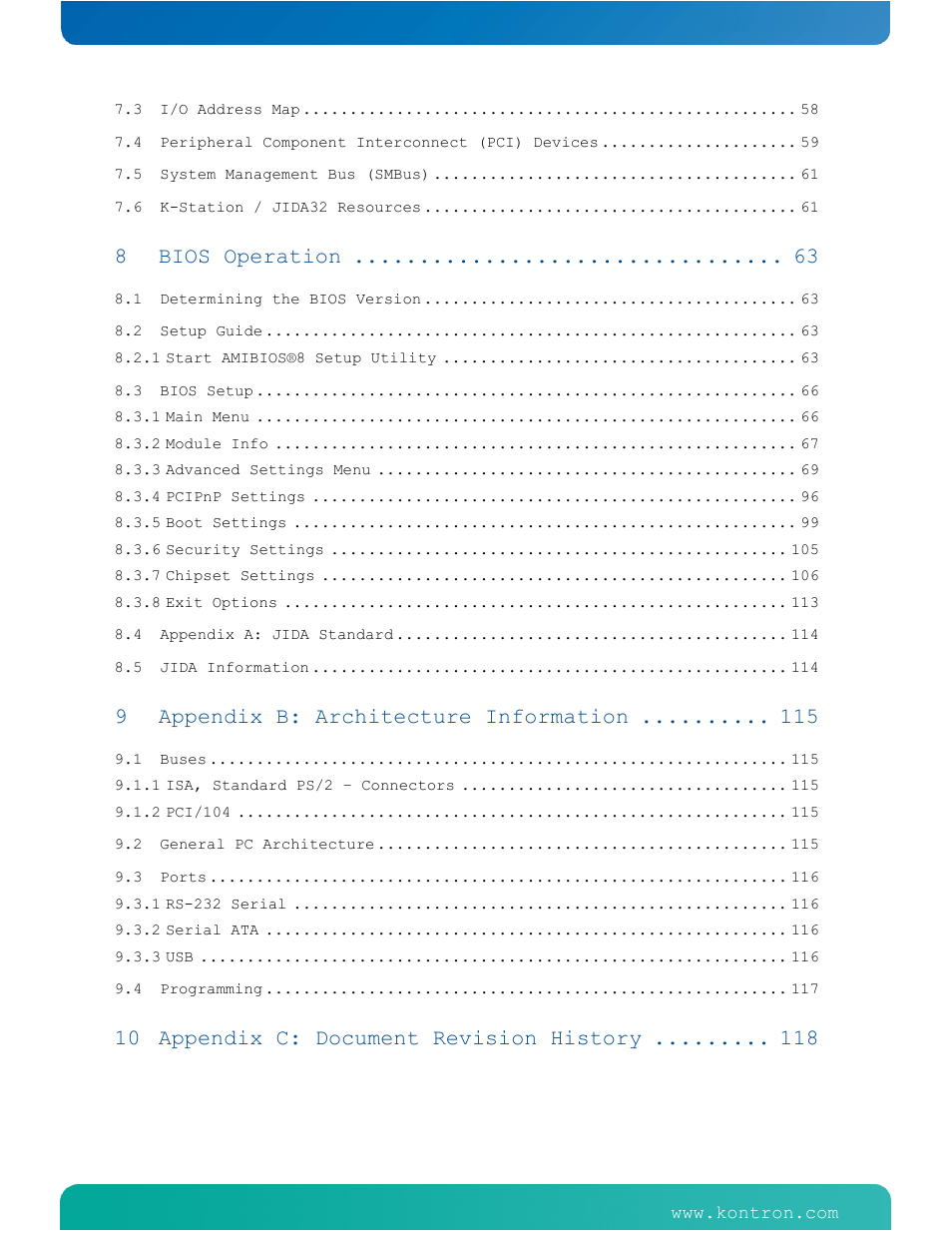 Bios operation, Appendix b: architecture information, Appendix c: document revision history | Kontron COMe-cPV2(v1.4) User Manual | Page 4 / 123