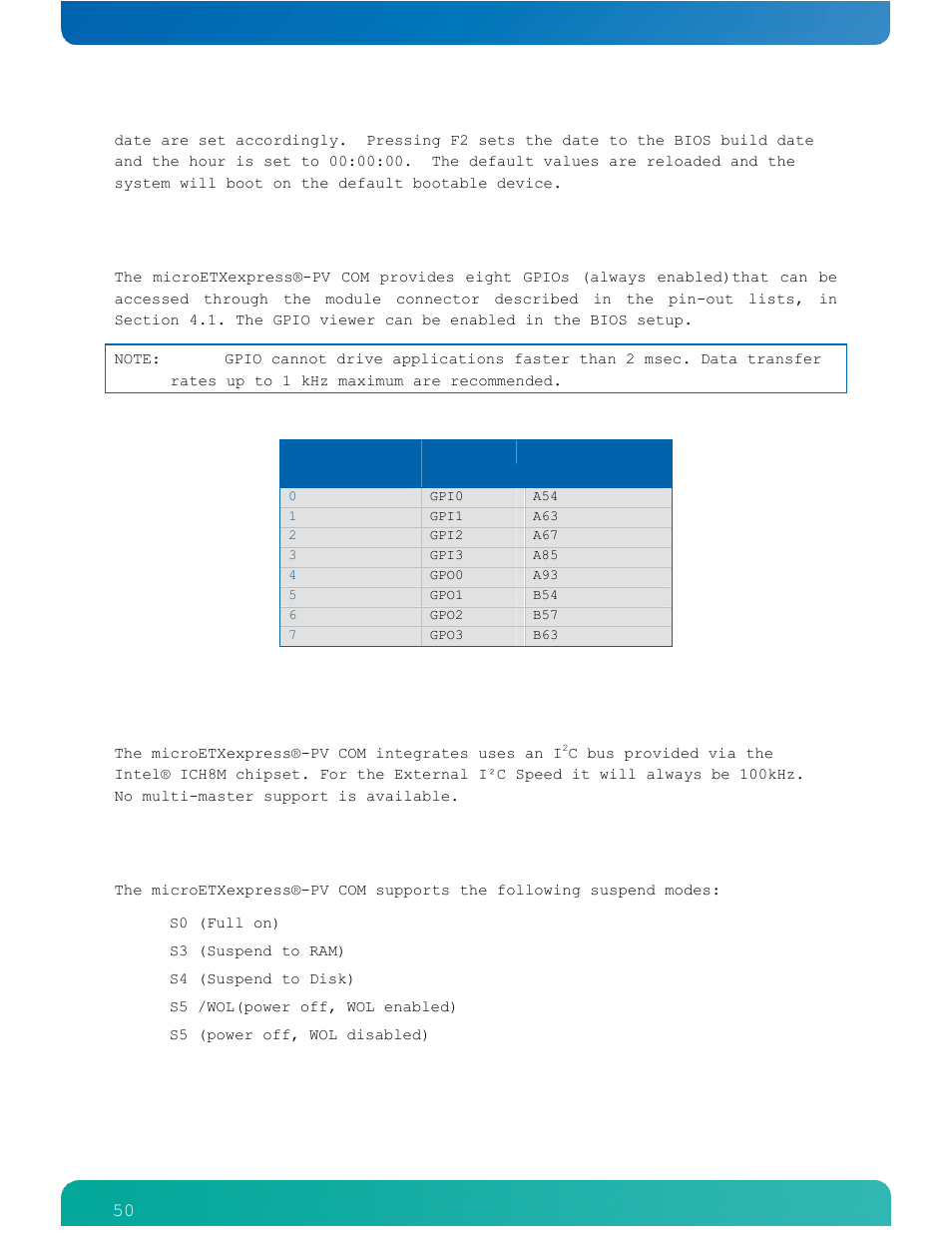 6 general purpose input and output (gpio), 8 acpi suspend modes and resume events | Kontron COMe-cPV2(v1.4) User Manual | Page 54 / 123