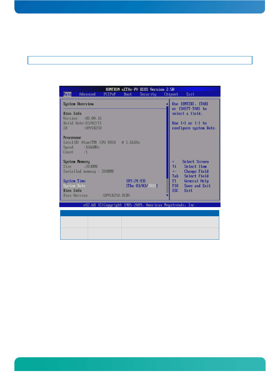 3 bios setup, 1 main menu, Bios setup | Main menu | Kontron COMe-cPV2(v1.0) User Manual | Page 69 / 122