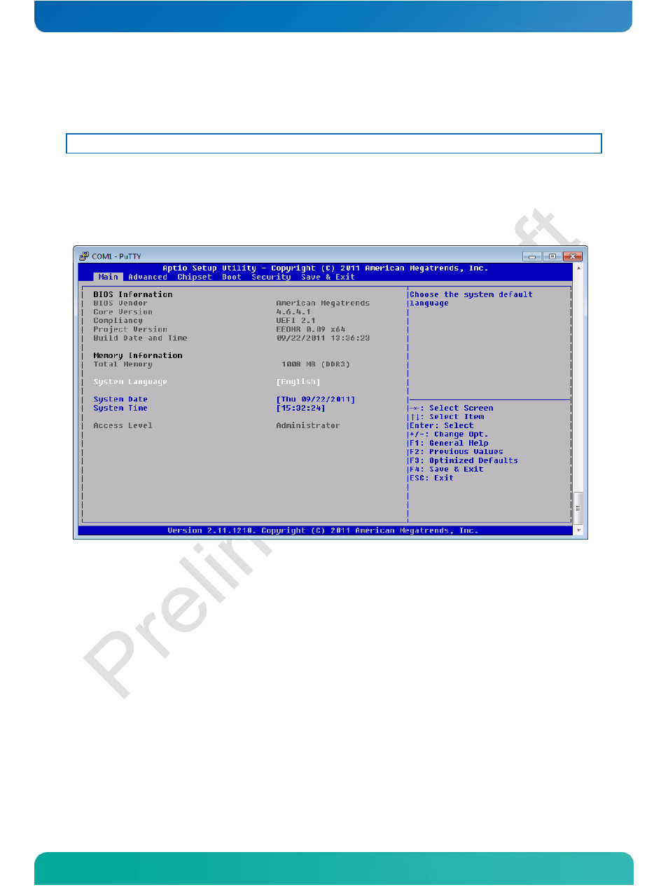 3 bios setup, 1 main menu, System language, system date, system time | Bios setup, Main menu | Kontron COMe-cOHXX User Manual | Page 64 / 168