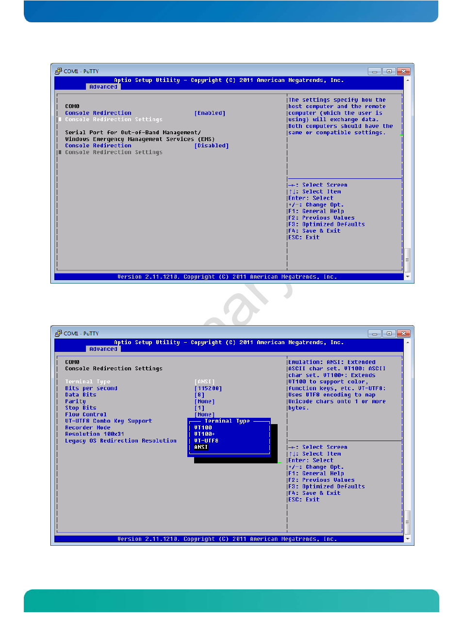 Console redirection settings -- first | Kontron COMe-cOHXX User Manual | Page 93 / 168