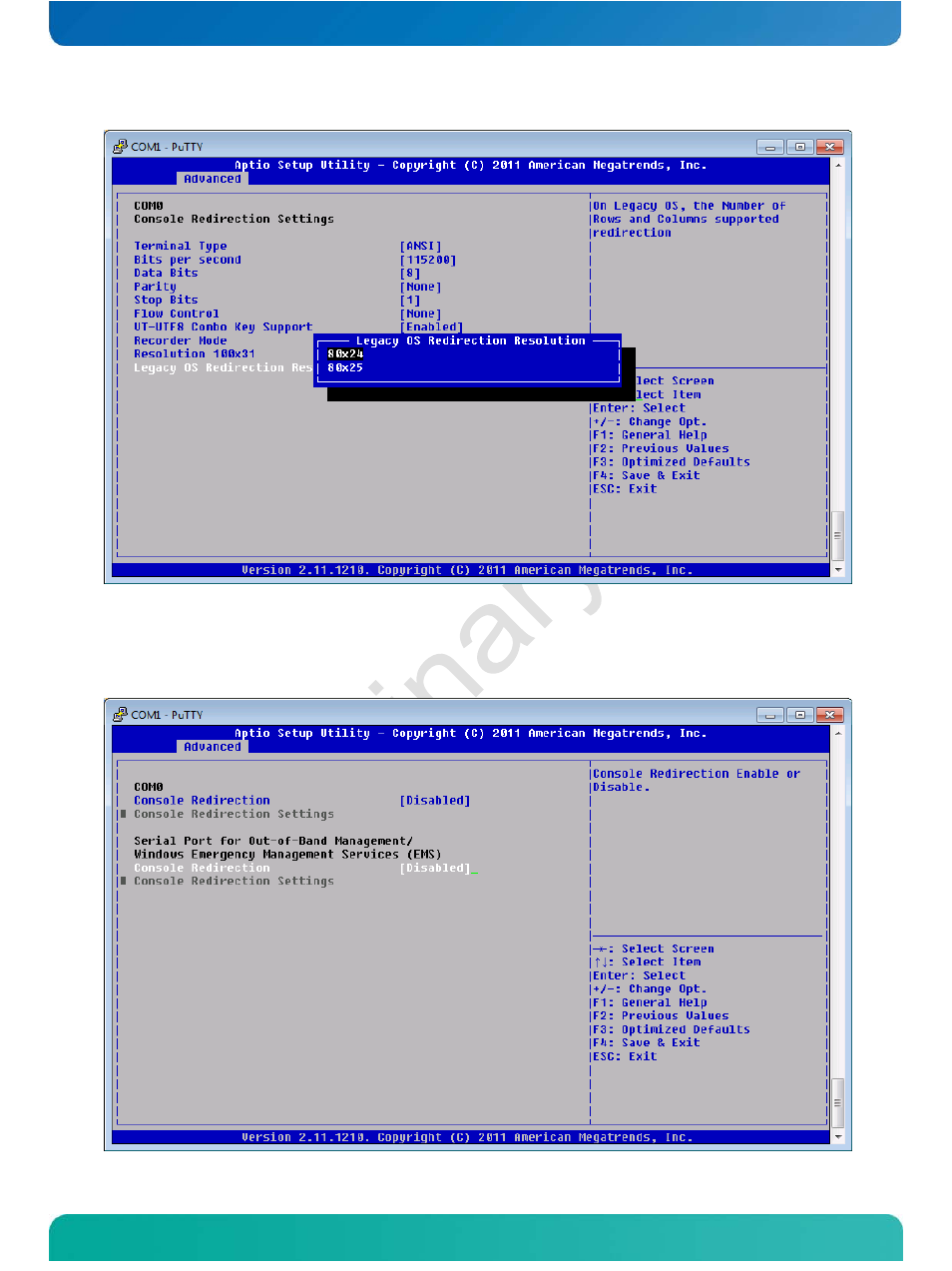 Console redirection settings -- second | Kontron COMe-cOHXX User Manual | Page 98 / 168