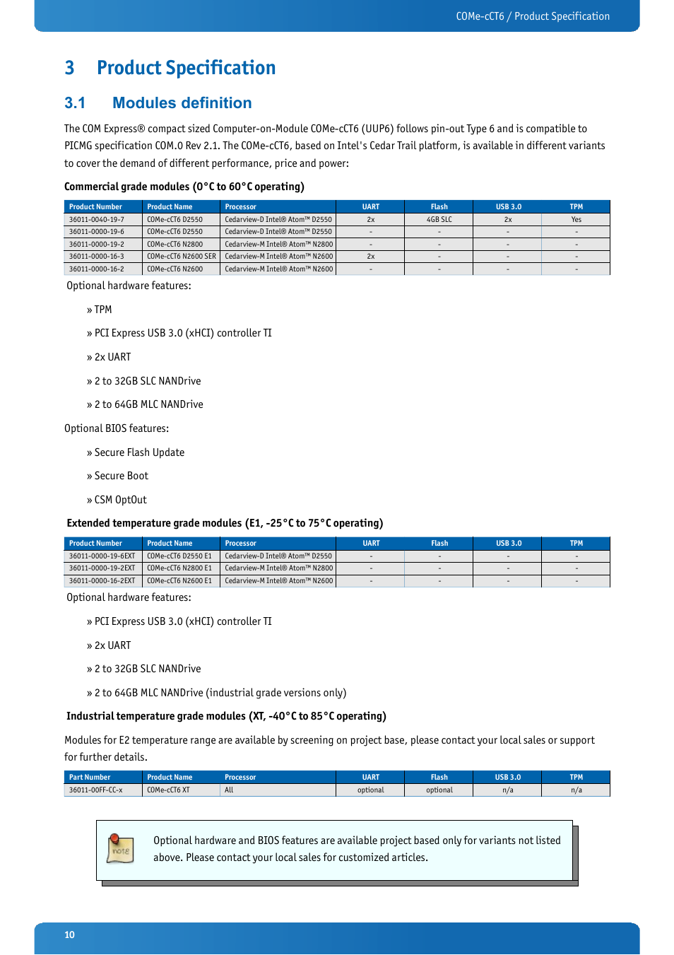 3 product specification, 1 modules definition, Product specification | Modules definition, Come-cct6 / product specification | Kontron COMe-cCT6 User Manual | Page 10 / 110