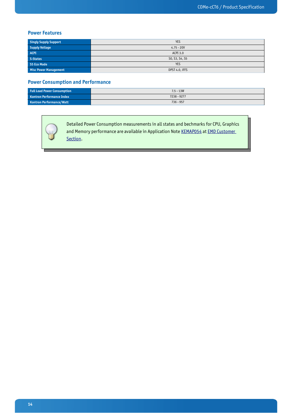 Power features, Power consumption and performance | Kontron COMe-cCT6 User Manual | Page 14 / 110