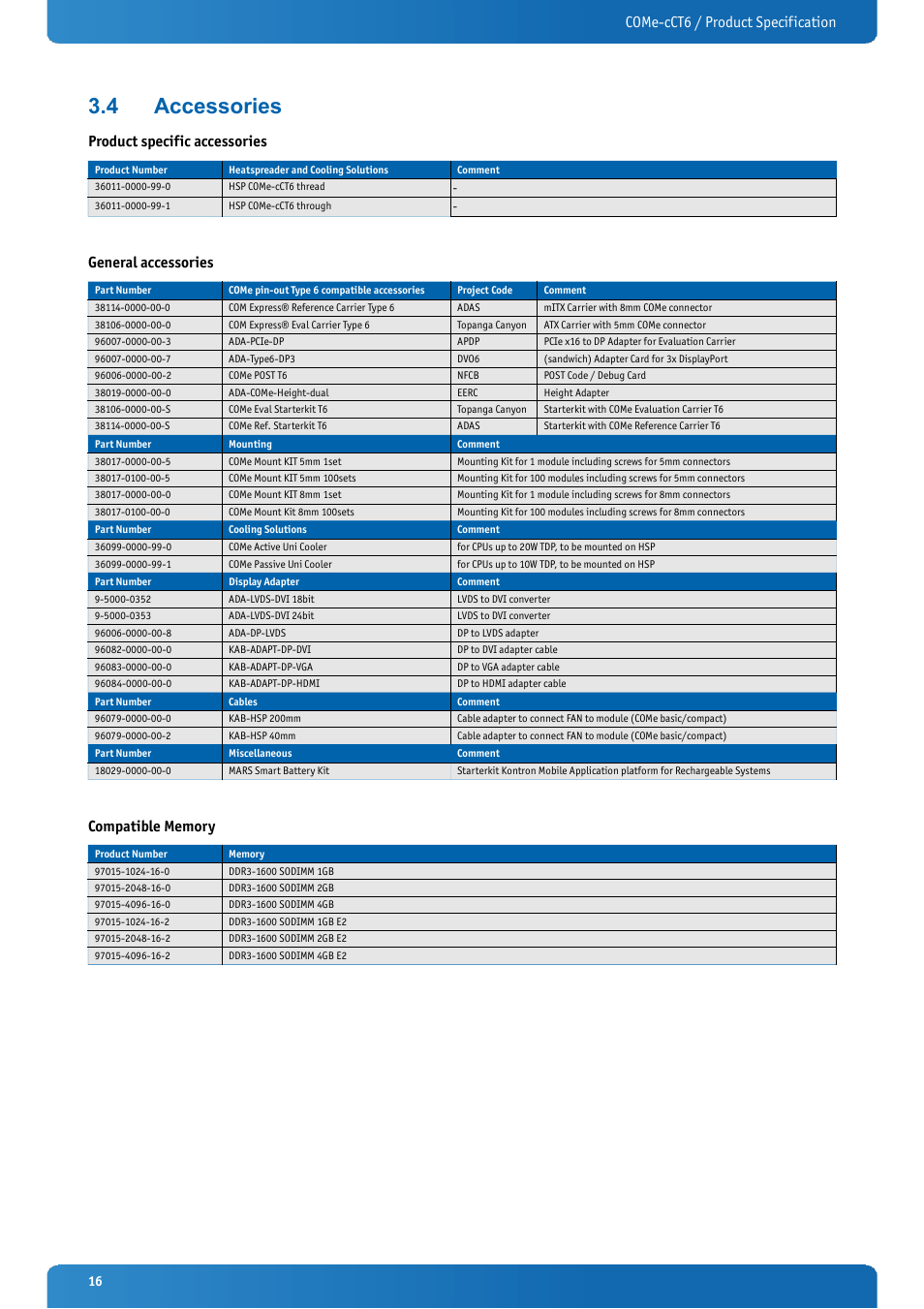 4 accessories, Accessories, Come-cct6 / product specification | Product specific accessories, General accessories | Kontron COMe-cCT6 User Manual | Page 16 / 110