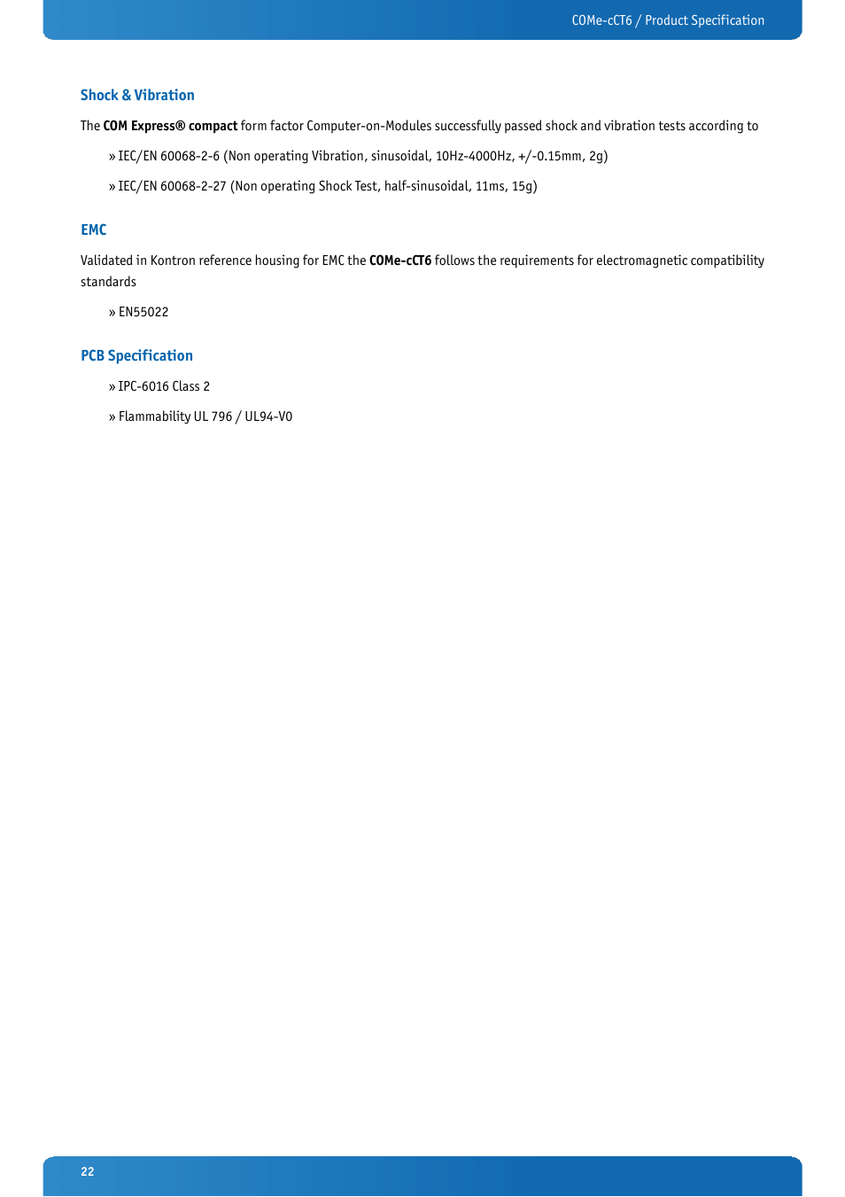 Shock & vibration, Pcb specification | Kontron COMe-cCT6 User Manual | Page 22 / 110