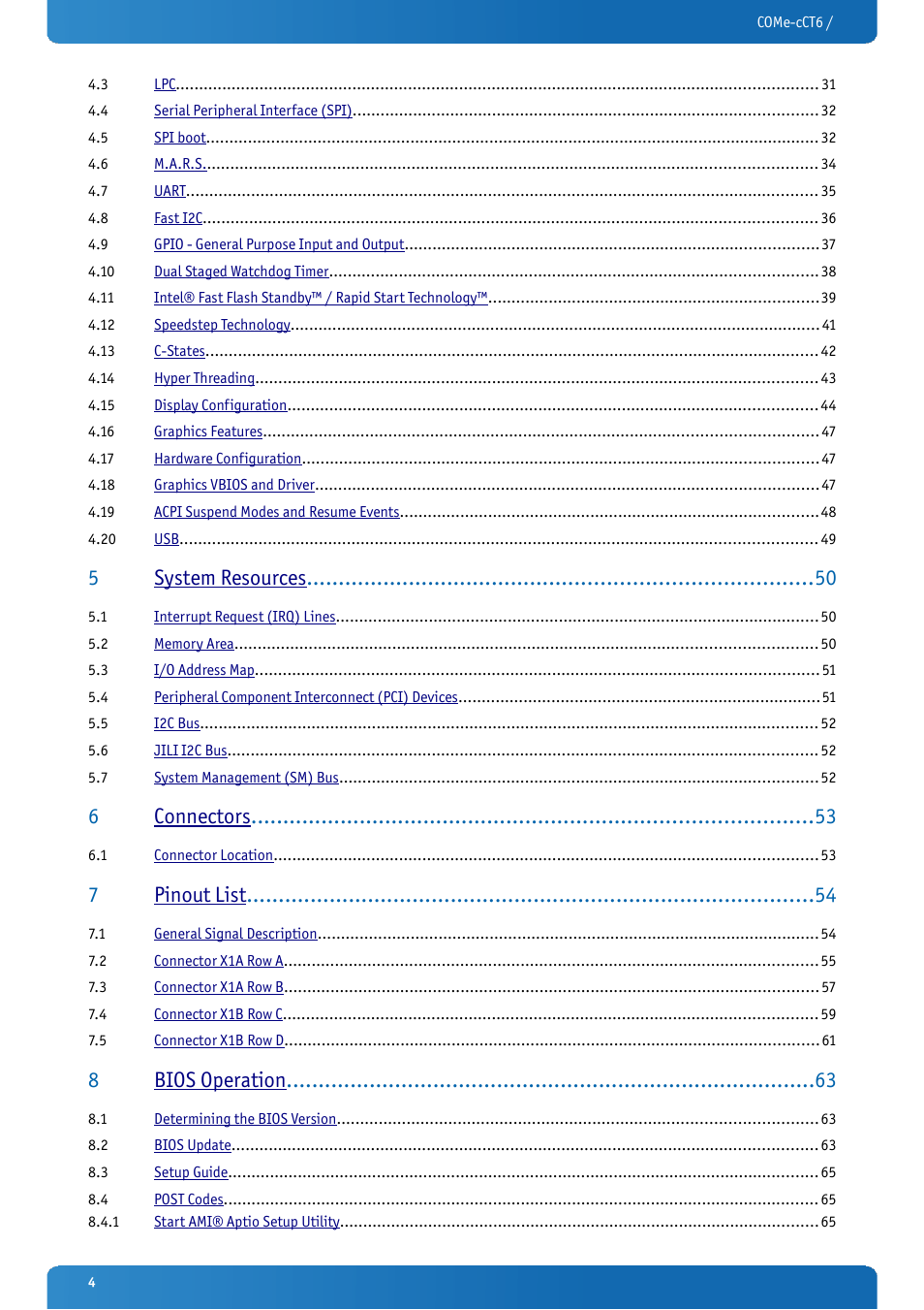 5system resources, 6connectors, 7pinout list | 8bios operation | Kontron COMe-cCT6 User Manual | Page 4 / 110