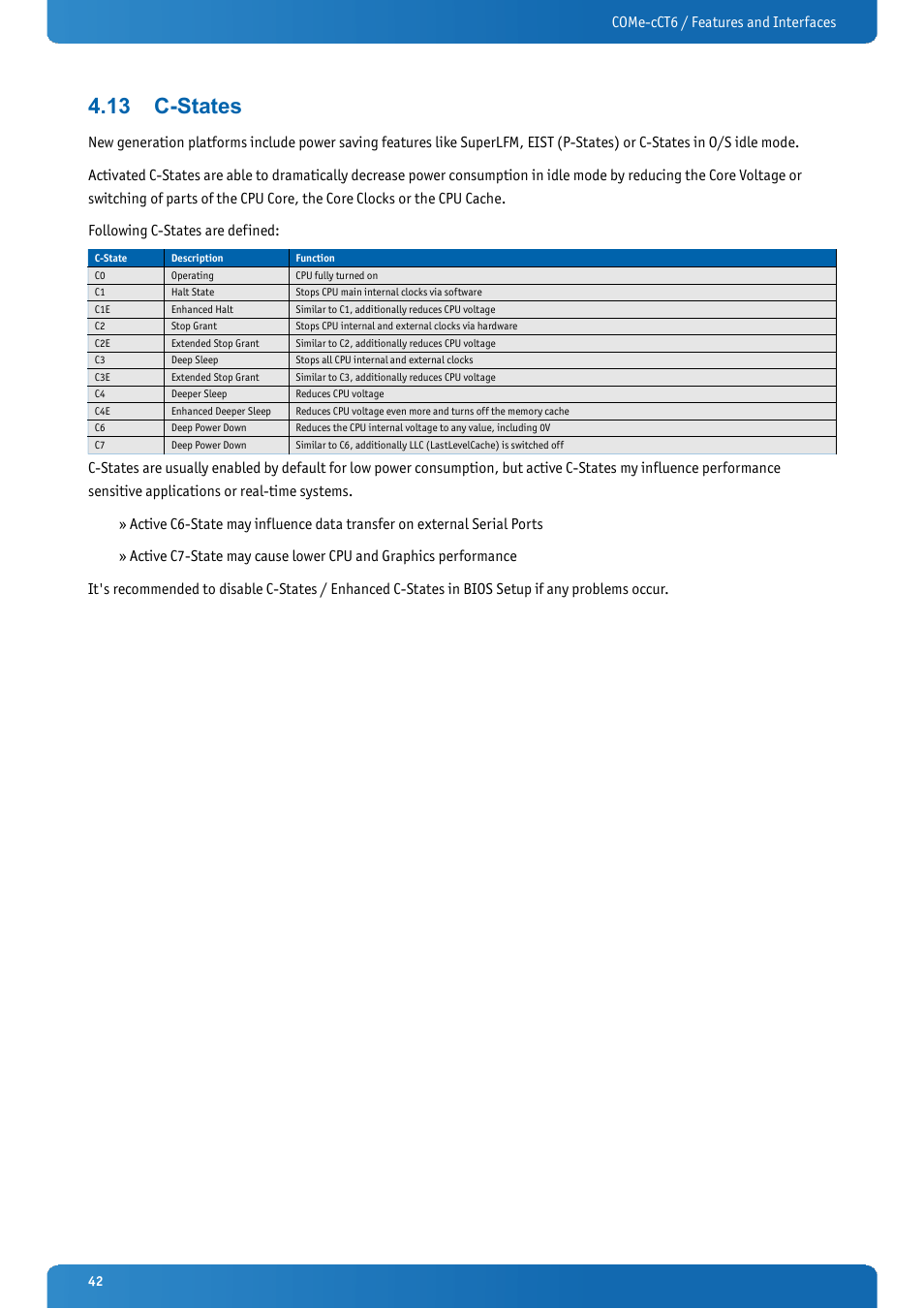 13 c-states, C-states, Come-cct6 / features and interfaces | Kontron COMe-cCT6 User Manual | Page 42 / 110