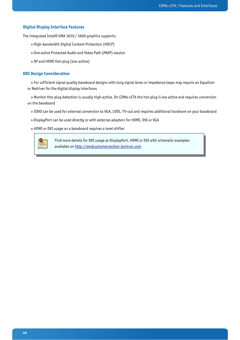 Digital display interface features, Ddi design consideration | Kontron COMe-cCT6 User Manual | Page 46 / 110