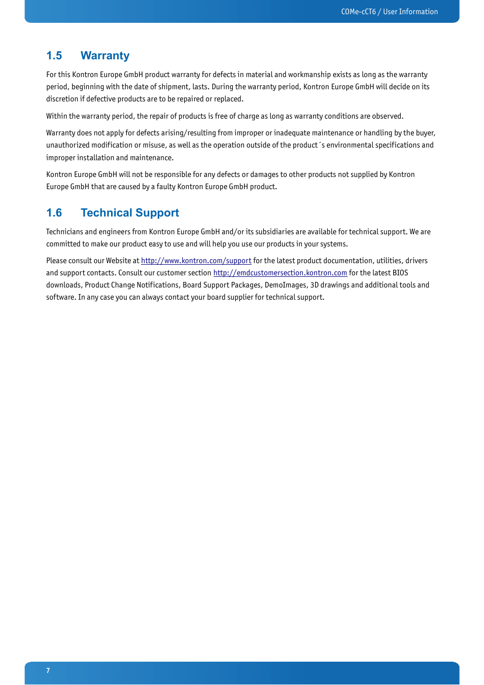 5 warranty, 6 technical support, Warranty | Technical support | Kontron COMe-cCT6 User Manual | Page 7 / 110