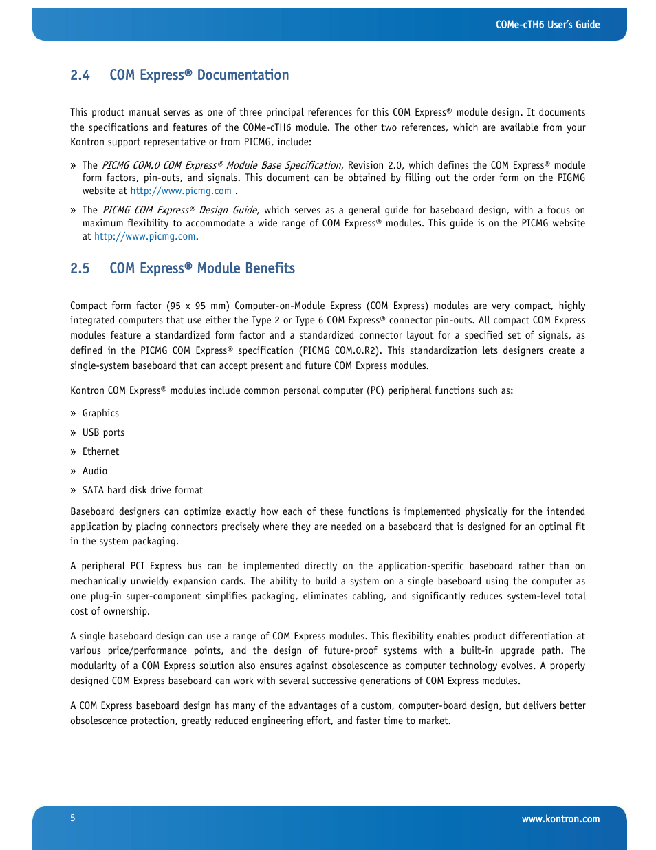 Com express® documentation, Com express® module benefits, 4 com express® documentation | 5 com express® module benefits | Kontron COMe-cTH6 User Manual | Page 11 / 83