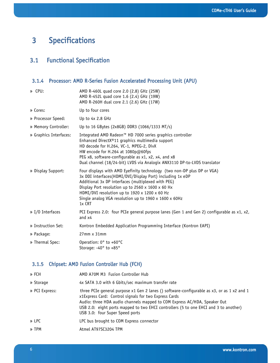 Specifications, Functional specification, Chipset: amd fusion controller hub (fch) | 3specifications, 1 functional specification | Kontron COMe-cTH6 User Manual | Page 12 / 83