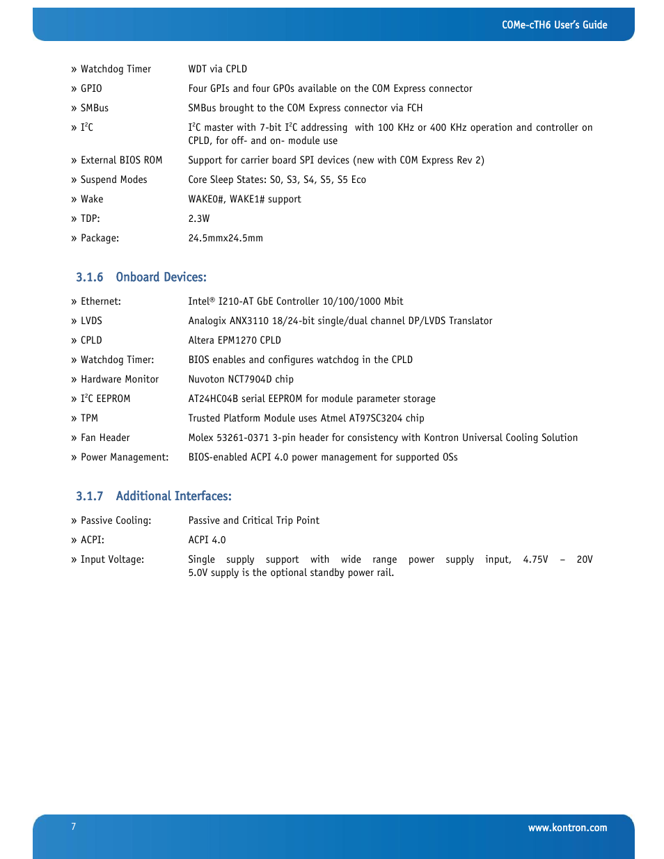 Onboard devices, Additional interfaces | Kontron COMe-cTH6 User Manual | Page 13 / 83