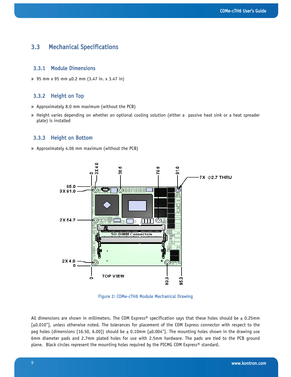 Mechanical specifications, Module dimensions, Height on top | Height on bottom, 3 mechanical specifications | Kontron COMe-cTH6 User Manual | Page 15 / 83