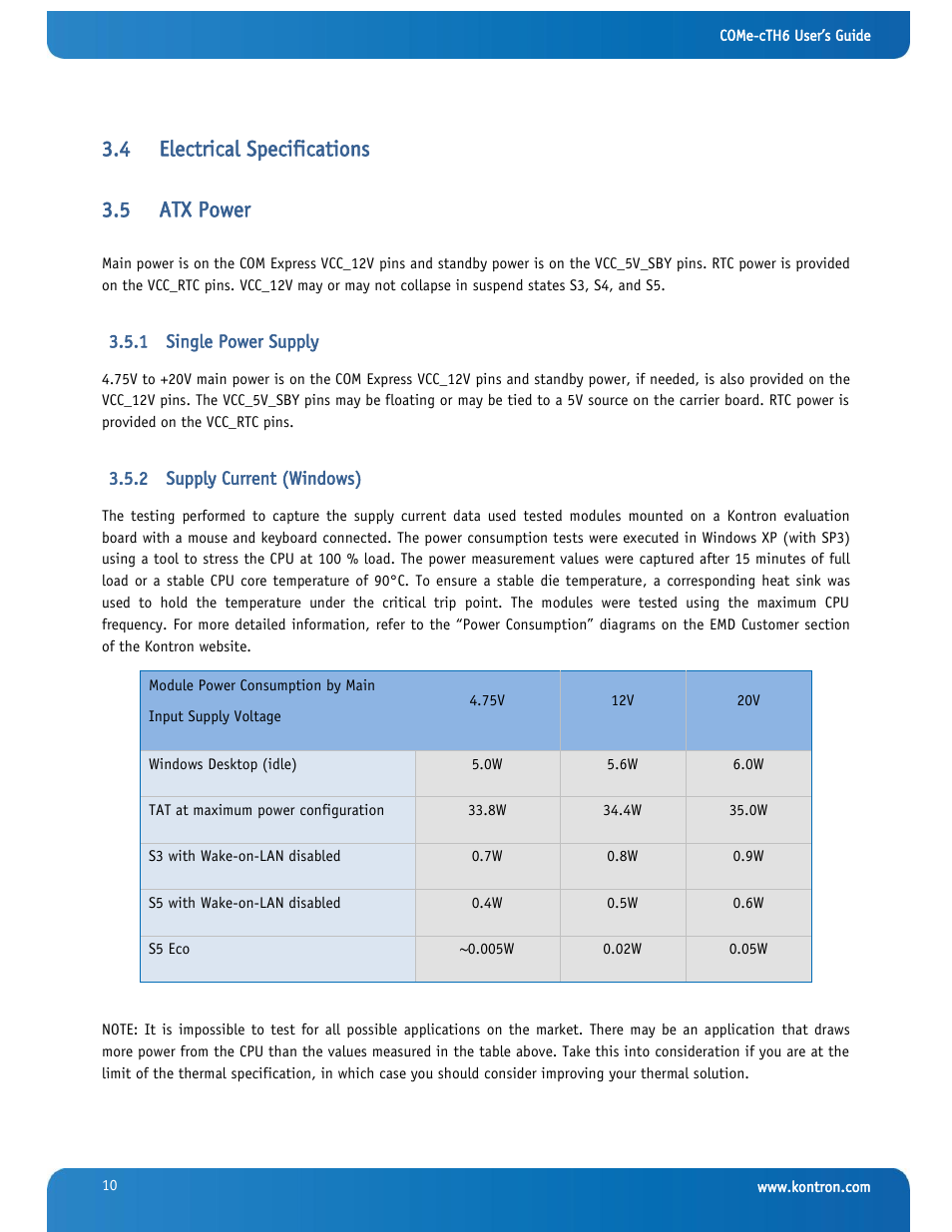 Electrical specifications, Atx power, Single power supply | Supply current (windows), 4 electrical specifications 3.5 atx power | Kontron COMe-cTH6 User Manual | Page 16 / 83