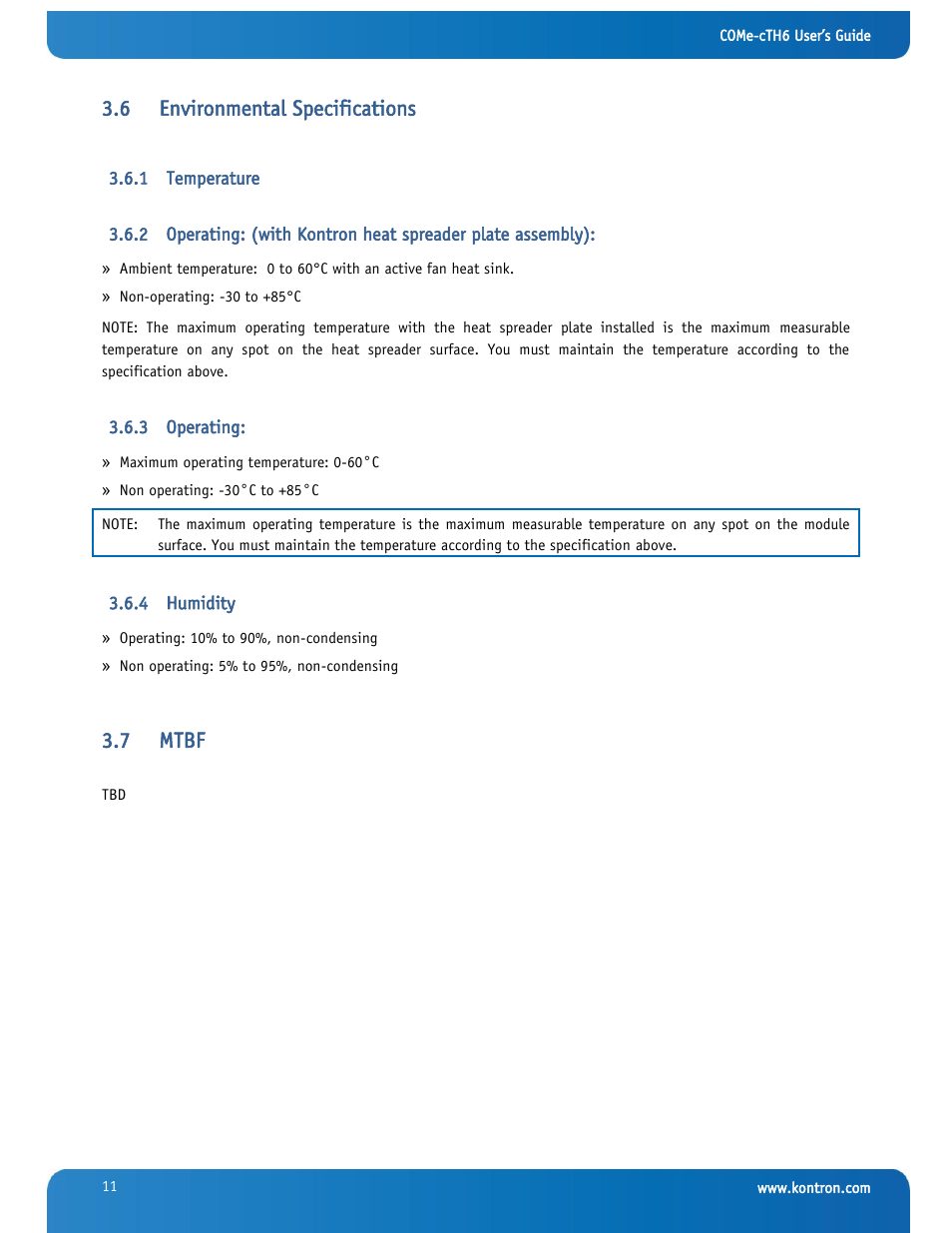 Environmental specifications, Temperature, Operating | Humidity, Mtbf, 6 environmental specifications, 7 mtbf | Kontron COMe-cTH6 User Manual | Page 17 / 83