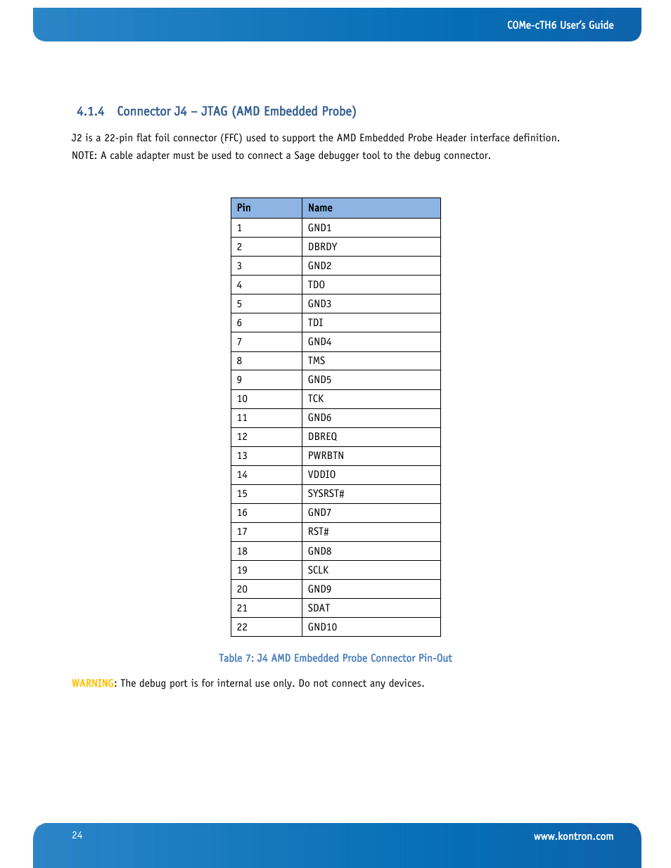 Connector j4 – jtag (amd embedded probe) | Kontron COMe-cTH6 User Manual | Page 30 / 83