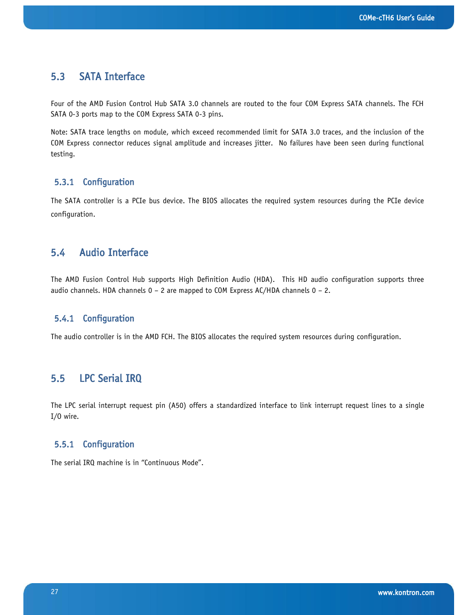 Sata interface, Configuration, Audio interface | Lpc serial irq, 3 sata interface, 4 audio interface, 5 lpc serial irq | Kontron COMe-cTH6 User Manual | Page 33 / 83