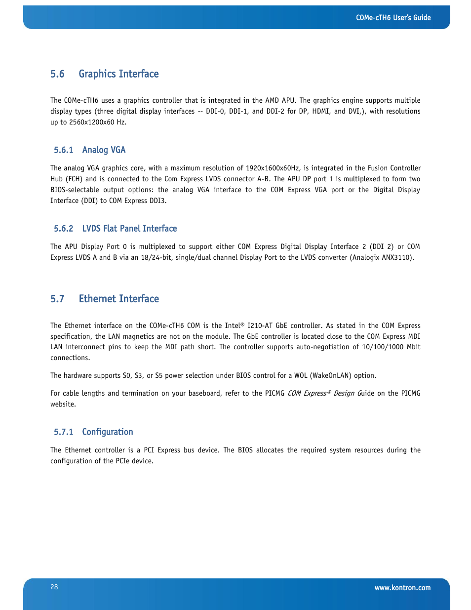 Graphics interface, Analog vga, Lvds flat panel interface | Ethernet interface, Configuration, 6 graphics interface, 7 ethernet interface | Kontron COMe-cTH6 User Manual | Page 34 / 83