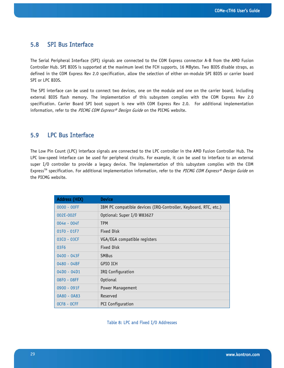 Spi bus interface, Lpc bus interface, 8 spi bus interface | 9 lpc bus interface | Kontron COMe-cTH6 User Manual | Page 35 / 83