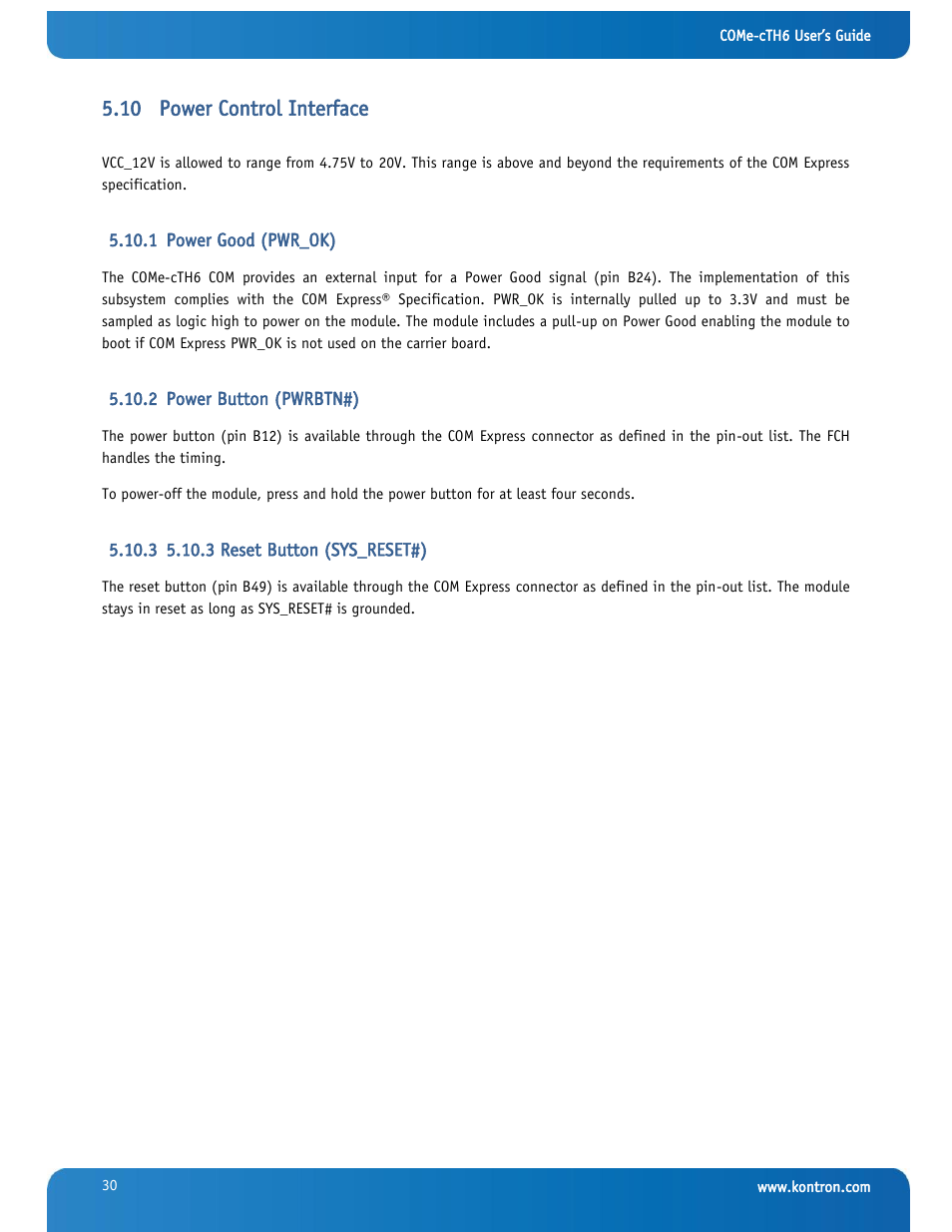 Power control interface, Power good (pwr_ok), Power button (pwrbtn#) | 3 reset button (sys_reset#), 10 power control interface | Kontron COMe-cTH6 User Manual | Page 36 / 83
