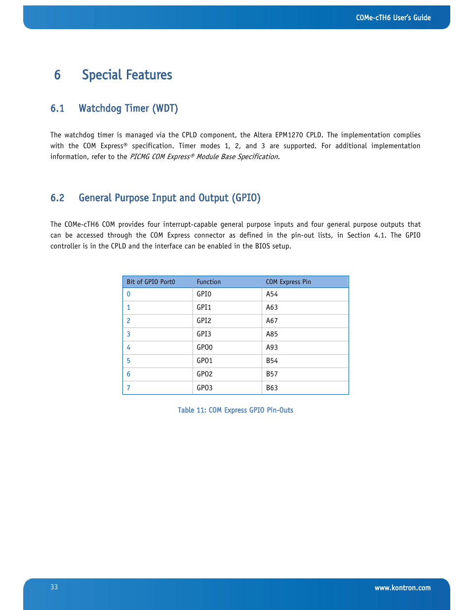 Special features, Watchdog timer (wdt), General purpose input and output (gpio) | 6special features, 1 watchdog timer (wdt), 2 general purpose input and output (gpio) | Kontron COMe-cTH6 User Manual | Page 39 / 83