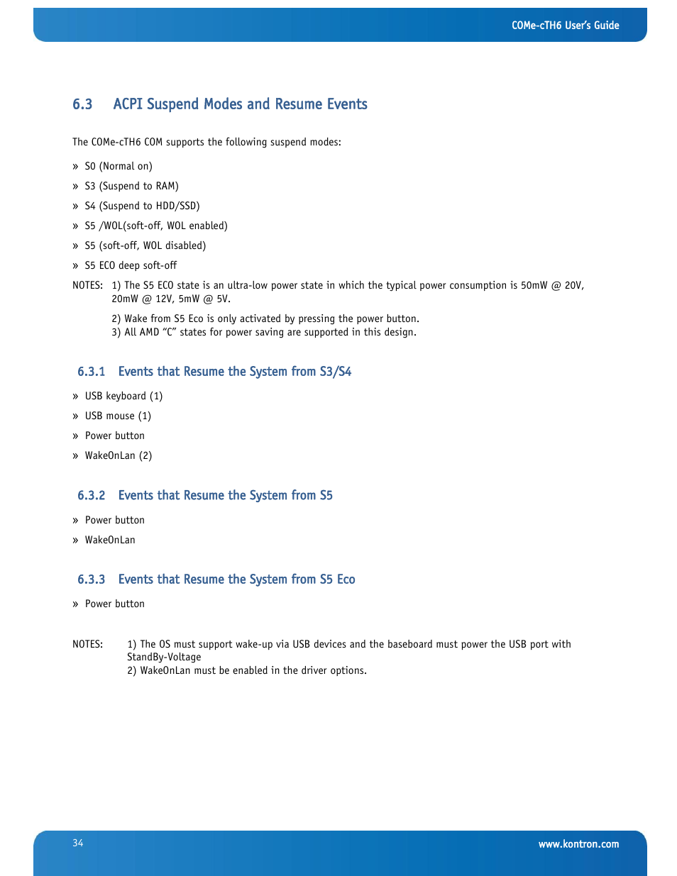 Acpi suspend modes and resume events, Events that resume the system from s3/s4, Events that resume the system from s5 | Events that resume the system from s5 eco, 3 acpi suspend modes and resume events | Kontron COMe-cTH6 User Manual | Page 40 / 83