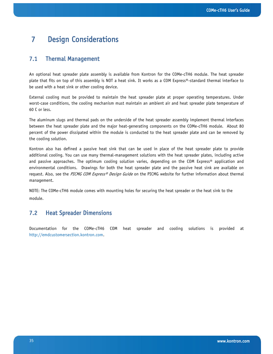 Design considerations, Thermal management, Heat spreader dimensions | 7design considerations, 1 thermal management, 2 heat spreader dimensions | Kontron COMe-cTH6 User Manual | Page 41 / 83