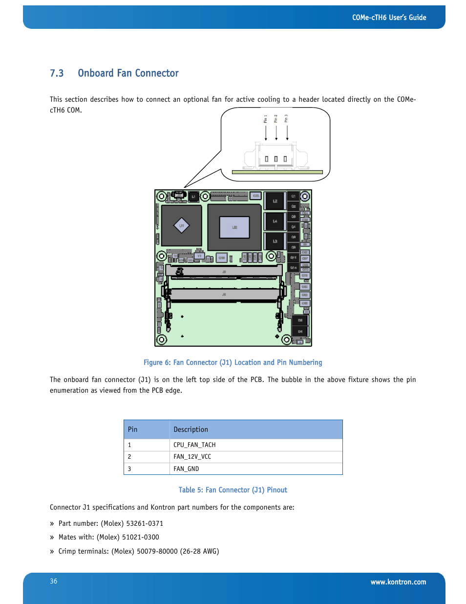 Onboard fan connector, 3 onboard fan connector | Kontron COMe-cTH6 User Manual | Page 42 / 83