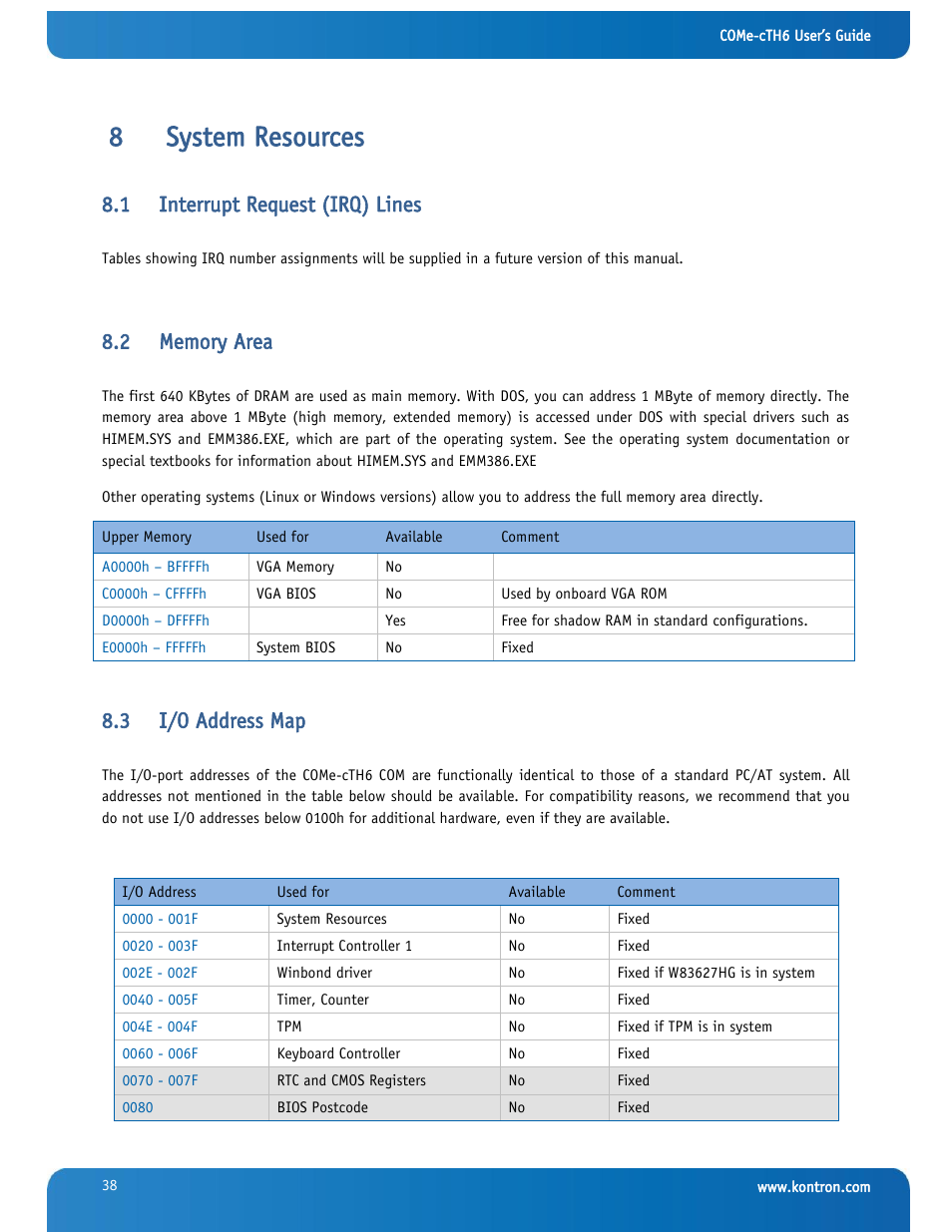 System resources, Interrupt request (irq) lines, Memory area | I/o address map, 8system resources, 1 interrupt request (irq) lines, 3 i/o address map | Kontron COMe-cTH6 User Manual | Page 44 / 83
