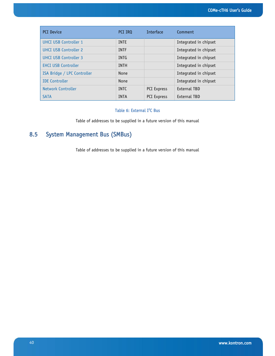 System management bus (smbus), 5 system management bus (smbus) | Kontron COMe-cTH6 User Manual | Page 46 / 83