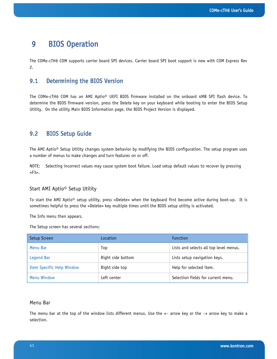 Bios operation, Determining the bios version, Bios setup guide | 9bios operation, 1 determining the bios version, 2 bios setup guide | Kontron COMe-cTH6 User Manual | Page 47 / 83