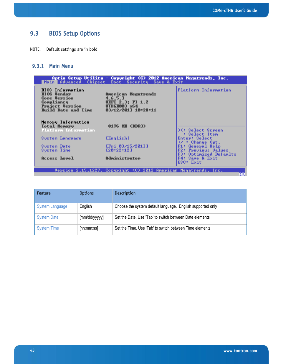 Bios setup options, Main menu, 3 bios setup options | Kontron COMe-cTH6 User Manual | Page 49 / 83